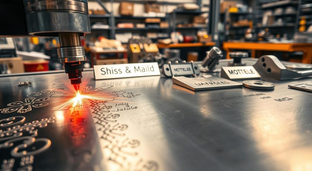 A highly detailed, industrial scene showcasing the practical applications of laser engraving on metal. In the foreground, a shiny metal surface is being etched with intricate patterns and designs, the laser beam carving sharp, precise lines. In the middle ground, various metal objects like nameplates, tools, and machine parts are displayed, each bearing unique laser-engraved markings and textures. The background features a workshop or factory setting, with industrial equipment, shelves, and workbenches visible, all bathed in a warm, ambient lighting that highlights the textures and reflections of the metal surfaces. The overall atmosphere conveys a sense of precision, functionality, and the versatility of laser engraving as a practical technique for decorative and utilitarian metal applications. A highly detailed, industrial scene showcasing the practical applications of laser engraving on metal. In the foreground, a shiny metal surface is being etched with intricate patterns and designs, the laser beam carving sharp, precise lines. In the middle ground, various metal objects like nameplates, tools, and machine parts are displayed, each bearing unique laser-engraved markings and textures. The background features a workshop or factory setting, with industrial equipment, shelves, and workbenches visible, all bathed in a warm, ambient lighting that highlights the textures and reflections of the metal surfaces. The overall atmosphere conveys a sense of precision, functionality, and the versatility of laser engraving as a practical technique for decorative and utilitarian metal applications.
