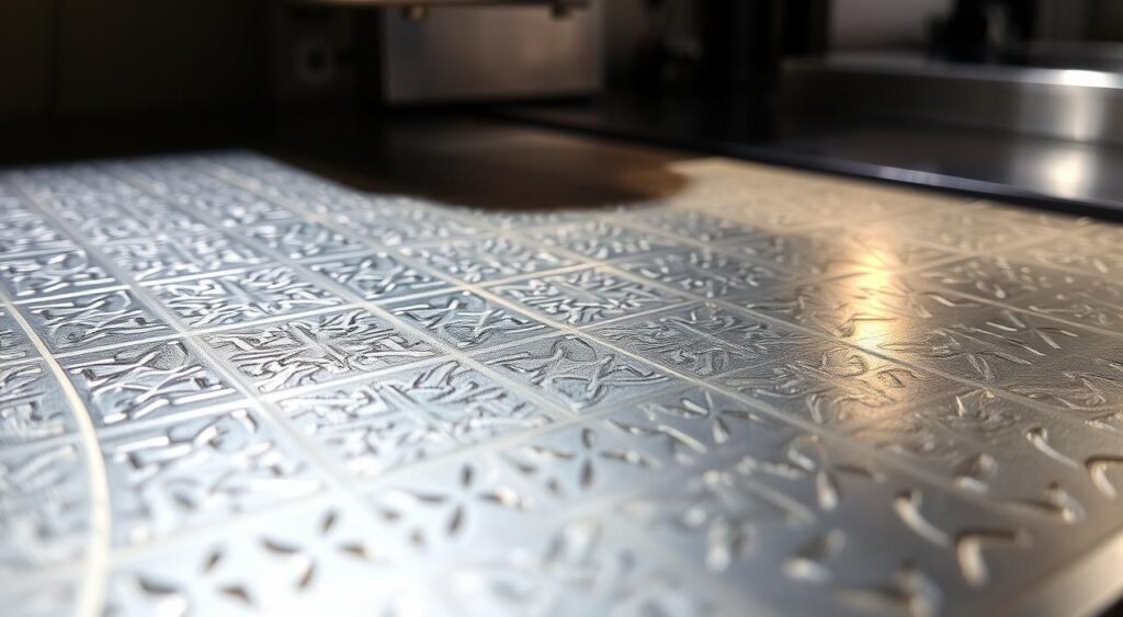 A laser-etched metal surface, its intricate patterns gleaming under precise lighting. The foreground showcases the intricate, geometric designs characteristic of laser engraving, with clean lines and sharp edges. The middle ground reveals the metallic texture, hinting at the robust, industrial nature of the process. In the background, a sense of depth and dimension is created through subtle gradients and reflections, conveying the technical sophistication of this laser recording technology. The overall mood is one of precision, sophistication, and the intersection of technology and materiality. A laser-etched metal surface, its intricate patterns gleaming under precise lighting. The foreground showcases the intricate, geometric designs characteristic of laser engraving, with clean lines and sharp edges. The middle ground reveals the metallic texture, hinting at the robust, industrial nature of the process. In the background, a sense of depth and dimension is created through subtle gradients and reflections, conveying the technical sophistication of this laser recording technology. The overall mood is one of precision, sophistication, and the intersection of technology and materiality.
