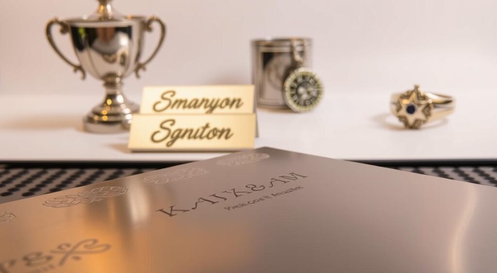 A meticulously crafted image showcasing the benefits of laser engraving on metal. In the foreground, a sleek stainless steel surface reflects the warm, soft lighting, revealing intricate patterns and text engraved with precision. In the middle ground, a variety of metallic objects, such as a trophy, a nameplate, and a custom-made jewelry piece, demonstrate the versatility of this process. The background features a clean, minimalist setting, highlighting the sharpness and attention to detail of the laser-engraved designs. The overall mood is one of sophistication, quality, and the seamless integration of personalization into the final product. A meticulously crafted image showcasing the benefits of laser engraving on metal. In the foreground, a sleek stainless steel surface reflects the warm, soft lighting, revealing intricate patterns and text engraved with precision. In the middle ground, a variety of metallic objects, such as a trophy, a nameplate, and a custom-made jewelry piece, demonstrate the versatility of this process. The background features a clean, minimalist setting, highlighting the sharpness and attention to detail of the laser-engraved designs. The overall mood is one of sophistication, quality, and the seamless integration of personalization into the final product.