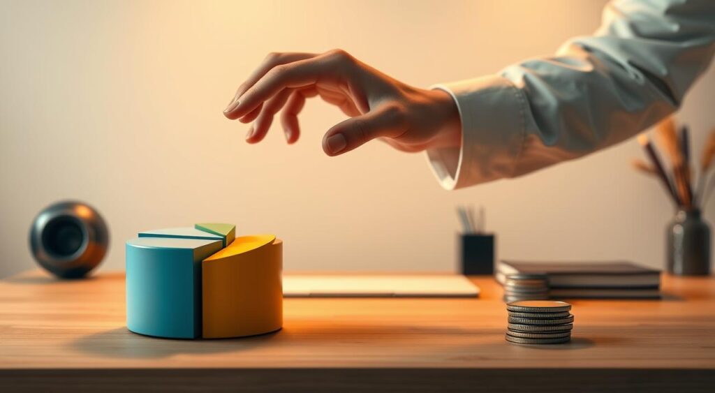 A meticulously crafted scene depicting the Pareto Principle (80/20 Rule) in personal finance. The foreground features a stylized pie chart, its slices representing the disparate impact of financial activities, with a dominant 80% slice and a smaller 20% slice. In the middle ground, a hand skillfully allocates resources, directing focus to the critical 20%. The background showcases a serene, minimalist workspace, with clean lines and muted tones conveying a sense of efficiency and organization. Warm, diffused lighting creates a contemplative atmosphere, inviting the viewer to reflect on optimizing their own financial lives. Rendered in a sophisticated, infographic-inspired aesthetic to visually communicate the principles of the Pareto Principle in personal finance.