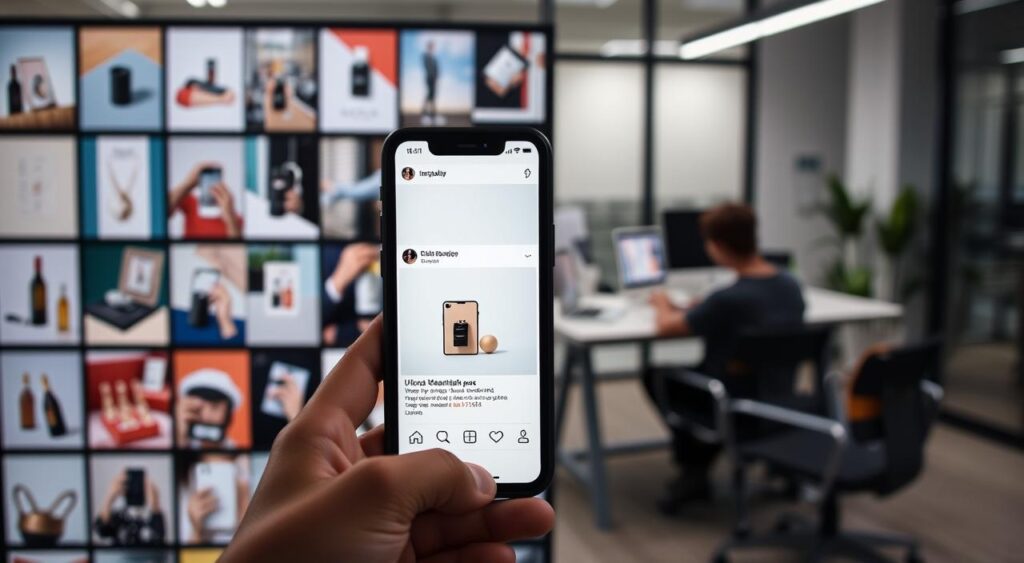 A meticulously curated Instagram feed, featuring a harmonious arrangement of visually striking images. In the foreground, a smartphone displays a beautifully optimized post, showcasing a product or service against a clean, minimalist backdrop. Subtle lighting accentuates the subject, drawing the viewer's attention. The middle ground depicts a workspace, where a person diligently analyzes analytics and crafts captions, ensuring each post is strategically timed and tailored to the target audience. In the background, a sleek, modern office space, with clean lines and a touch of greenery, reflecting the professional and methodical approach to Instagram optimization.