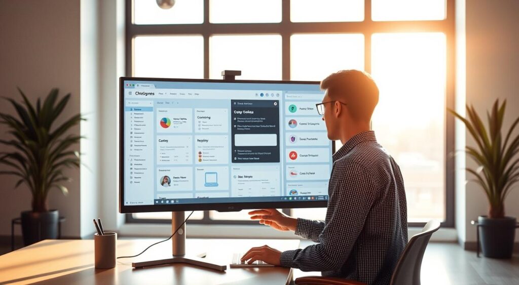 A modern, minimalist office setting with a large monitor displaying a no-code software development interface. The user, a young professional, is intently focused on the screen, coding and customizing various drag-and-drop elements to build a SaaS application. Warm, natural lighting filters through large windows, casting a serene, productive atmosphere. The background features a clean, neutral color palette with subtle geometric patterns, emphasizing the simplicity and efficiency of the no-code approach. The overall scene conveys the ease and creativity of building a SaaS product without extensive programming knowledge.