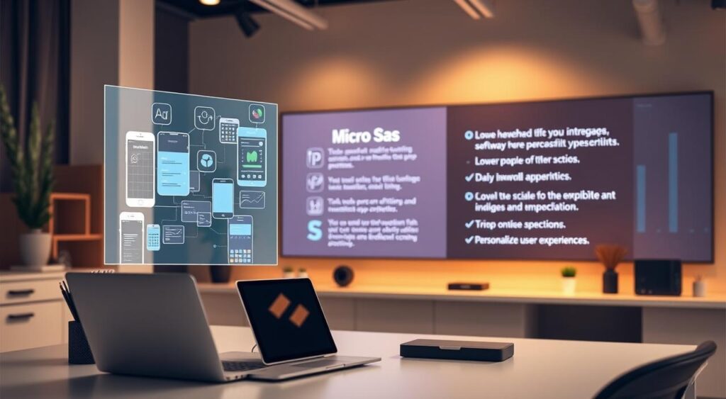 A modern software development workspace with a focus on Micro SaaS benefits for app developers. In the foreground, a developer's desk features a sleek laptop, a tablet, and a minimalist desk organizer. The middle ground showcases holographic projections of mobile app interfaces, data visualizations, and collaborative coding sessions. In the background, a large display panel highlights key advantages of Micro SaaS, such as lower overhead, higher flexibility, and personalized user experiences. Warm lighting, clean lines, and a serene, productive atmosphere convey the efficiency and empowerment that Micro SaaS can bring to independent app developers.