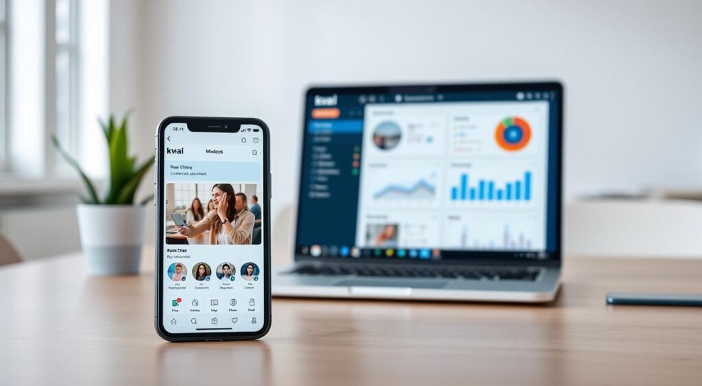 A serene and professional-looking image of various social media marketing strategies for the Kwai platform. In the foreground, a smartphone displaying the Kwai app, showcasing a visually appealing video feed. In the middle ground, a laptop with analytics dashboards and productivity tools, representing the data-driven approach to optimizing content visibility. The background features a clean, minimalist office setting with natural lighting, creating a sense of focus and efficiency. The overall composition conveys a balanced and strategic approach to building a successful Kwai presence, with an emphasis on visual impact, data-driven decision-making, and a professional, goal-oriented mindset. A serene and professional-looking image of various social media marketing strategies for the Kwai platform. In the foreground, a smartphone displaying the Kwai app, showcasing a visually appealing video feed. In the middle ground, a laptop with analytics dashboards and productivity tools, representing the data-driven approach to optimizing content visibility. The background features a clean, minimalist office setting with natural lighting, creating a sense of focus and efficiency. The overall composition conveys a balanced and strategic approach to building a successful Kwai presence, with an emphasis on visual impact, data-driven decision-making, and a professional, goal-oriented mindset.