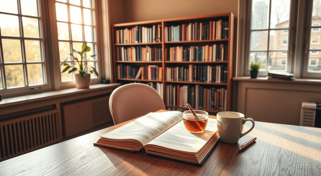 A serene study space with warm, natural lighting streaming through large windows. An open book, a cup of tea, and a pen rest on a tidy wooden desk, symbolizing the Pareto principle of focusing on the vital few tasks that drive the most impact. In the background, a bookshelf filled with knowledge, representing the 20% of effort that generates 80% of the results. The atmosphere is contemplative, encouraging deep focus and productivity. A potted plant on the windowsill adds a touch of life, mirroring the growth and improvement that can arise from prioritizing one's most important activities.