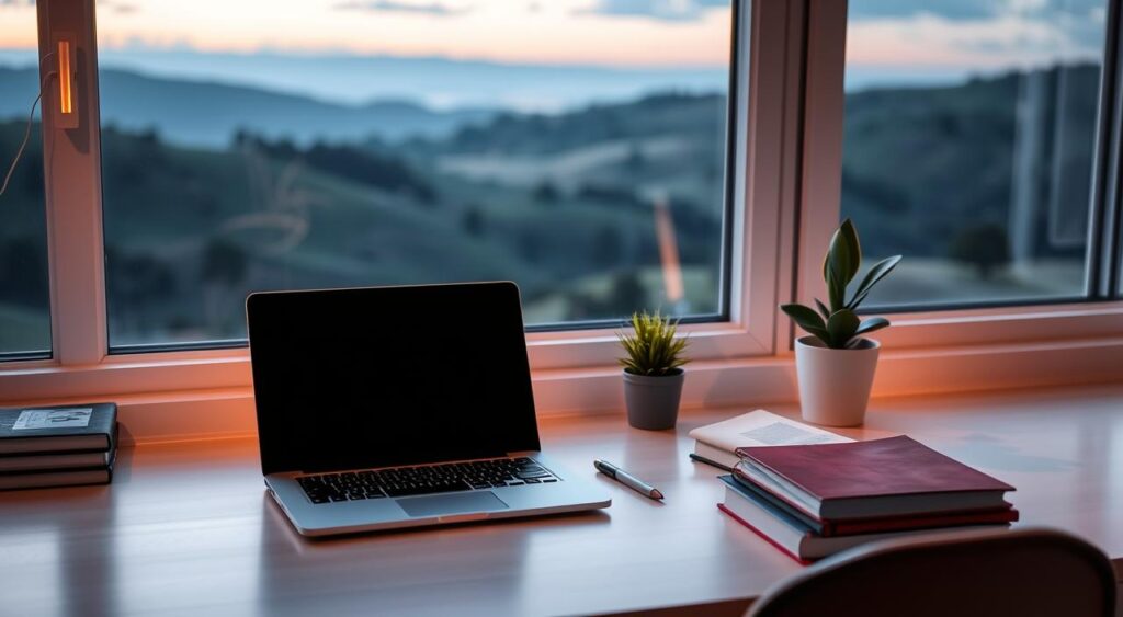 A tranquil workspace with a laptop, books, and a potted plant. The lighting is soft and diffused, creating a calming atmosphere. In the background, a serene landscape with rolling hills and a calming blue sky. The overall mood is one of focus and relaxation, reflecting the Pareto principle's potential to reduce stress and anxiety through effective prioritization.