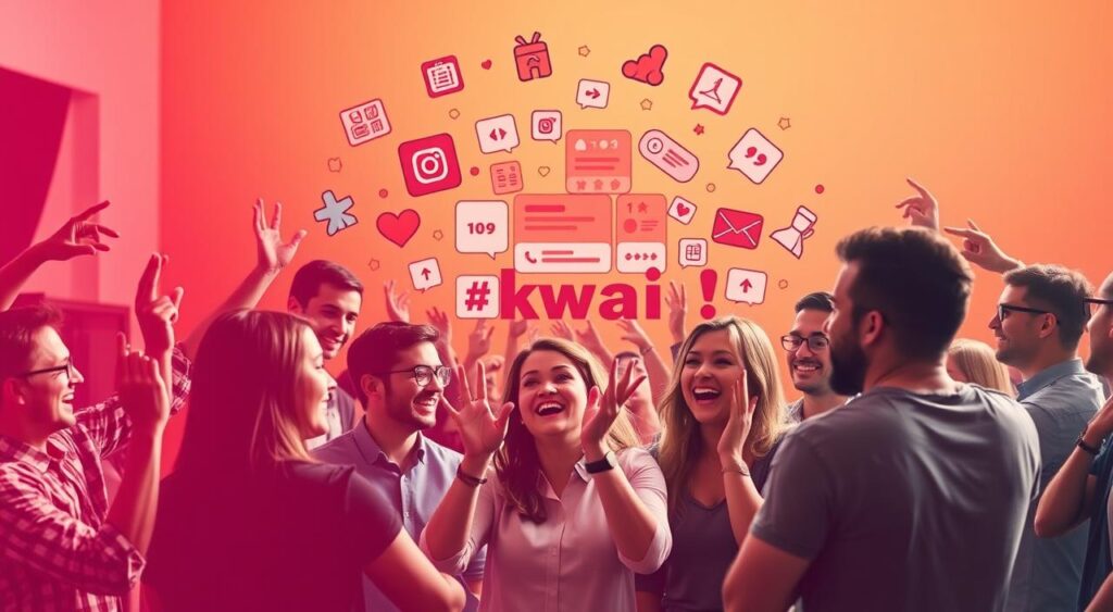 A vibrant and dynamic scene showcasing various engagement strategies for the Kwai platform. In the foreground, a group of content creators enthusiastically interacting with their audience, using engaging hand gestures and animated expressions. In the middle ground, a collage of social media icons, trending hashtags, and sharing buttons, highlighting the interactive nature of the platform. In the background, a striking gradient of warm tones, evoking a sense of energy and inspiration. The lighting is soft and natural, creating a welcoming atmosphere. The overall composition conveys the importance of building a strong connection with the Kwai community through creative and captivating engagement tactics. A vibrant and dynamic scene showcasing various engagement strategies for the Kwai platform. In the foreground, a group of content creators enthusiastically interacting with their audience, using engaging hand gestures and animated expressions. In the middle ground, a collage of social media icons, trending hashtags, and sharing buttons, highlighting the interactive nature of the platform. In the background, a striking gradient of warm tones, evoking a sense of energy and inspiration. The lighting is soft and natural, creating a welcoming atmosphere. The overall composition conveys the importance of building a strong connection with the Kwai community through creative and captivating engagement tactics.