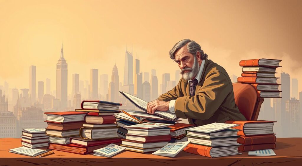 A vibrant and intricately detailed illustration depicting the origin of the Pareto Principle (80/20 rule) and its application in business productivity. Set against a warm, earthy color palette, the scene features a historical figure, likely an economist or statistician, engrossed in study at a wooden desk. Surrounding them are stacks of books, charts, and papers, conveying the intellectual rigor and research that underpin the principle. In the background, a bustling city skyline suggests the real-world impact and widespread adoption of this fundamental concept. The lighting is soft and diffuse, creating an atmosphere of contemplation and discovery. The overall composition and visual elements work together to communicate the timeless significance of the Pareto Principle and its enduring influence on modern business practices.
