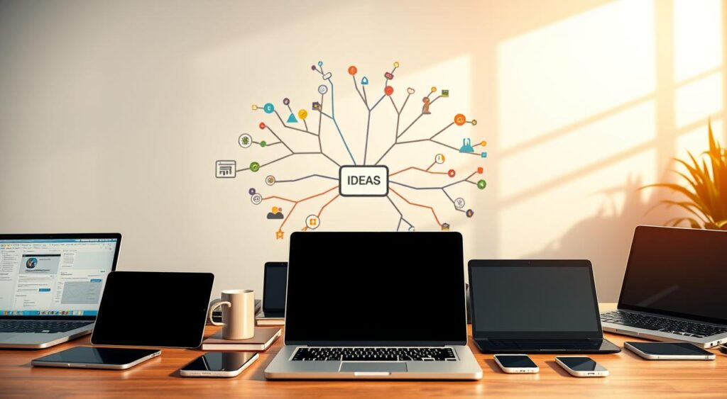 A vibrant and thought-provoking visual exploration of micro SaaS ideas for a successful project. In the foreground, a diverse array of digital devices - laptops, tablets, and smartphones - symbolize the technological landscape where these ideas thrive. The middle ground features a creative mind map, with colorful nodes and connecting lines, representing the ideation process. In the background, a serene and minimalist workspace sets the stage, evoking a sense of focus and productivity. Warm, directional lighting casts subtle shadows, adding depth and dimension to the scene. The overall mood is one of inspiration, innovation, and the endless possibilities of the micro SaaS ecosystem.