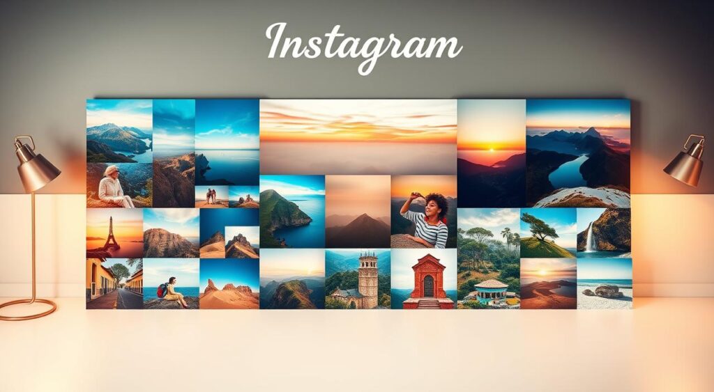 A visually striking and inspirational Instagram feed layout, showcasing a harmonious arrangement of captivating images. The foreground features a diverse collection of lifestyle and travel photographs, capturing moments of joy, adventure, and tranquility. The middle ground introduces artistic shots of natural landscapes, architecture, and still life compositions, all beautifully curated. The background layers in subtlety, with a clean, minimalist design aesthetic that allows the vibrant imagery to take center stage. Warm, soft lighting illuminates the scene, creating a sense of inviting ambiance. The overall composition radiates a sense of balance, creativity, and visual appeal, serving as a source of inspiration for the viewer.