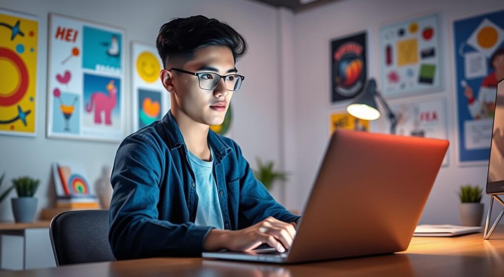 A young content creator sitting at a desk, surrounded by a well-lit, modern workspace. Vibrant, colorful graphics and illustrations adorn the walls, reflecting the creative energy of the Kwai platform. The creator is intently focused, typing on a sleek laptop, their face illuminated by the soft glow of the screen. Subtle lighting casts warm shadows, highlighting the earnest expression of someone deeply engaged in the process of crafting engaging content. The atmosphere is one of productive concentration, with a touch of inspiration and artistic flair, perfectly capturing the spirit of "Criação de Conteúdo no Kwai". A young content creator sitting at a desk, surrounded by a well-lit, modern workspace. Vibrant, colorful graphics and illustrations adorn the walls, reflecting the creative energy of the Kwai platform. The creator is intently focused, typing on a sleek laptop, their face illuminated by the soft glow of the screen. Subtle lighting casts warm shadows, highlighting the earnest expression of someone deeply engaged in the process of crafting engaging content. The atmosphere is one of productive concentration, with a touch of inspiration and artistic flair, perfectly capturing the spirit of "Criação de Conteúdo no Kwai".