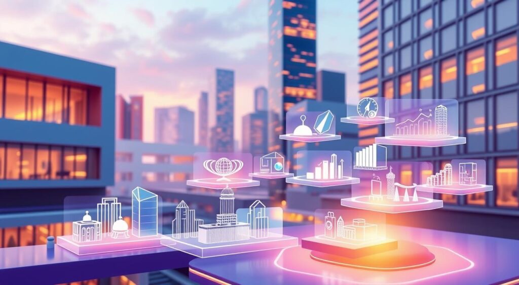 Detailed, vibrant illustration of the "Top 10 micro SaaS ideas for 2026". Showcasing a dynamic, futuristic cityscape with a variety of innovative micro SaaS business concepts represented as floating holographic displays. Sleek, minimalist architecture in the background, illuminated by warm, soft lighting. In the foreground, a selection of the most promising micro SaaS ideas presented as translucent, interactive 3D models, inviting the viewer to explore each opportunity. The scene conveys a sense of technological advancement, creativity and boundless potential for entrepreneurship in the upcoming years.