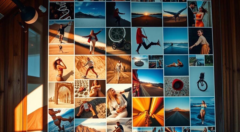 Dramatic overhead view of a vibrant, colorful Instagram feed grid layout, with a strong emphasis on visual aesthetics and strategic importance. The foreground features an engaging central image, surrounded by a dynamic arrangement of complementary images, illustrating the cohesive and impactful nature of a well-curated Instagram feed. The middle ground showcases a blend of carefully selected lifestyle, product, and inspirational content, all bathed in warm, natural lighting that enhances the overall visual appeal. The background subtly hints at the digital environment, with hints of technology and social media elements, underscoring the strategic significance of the Instagram feed in a digital marketing strategy.