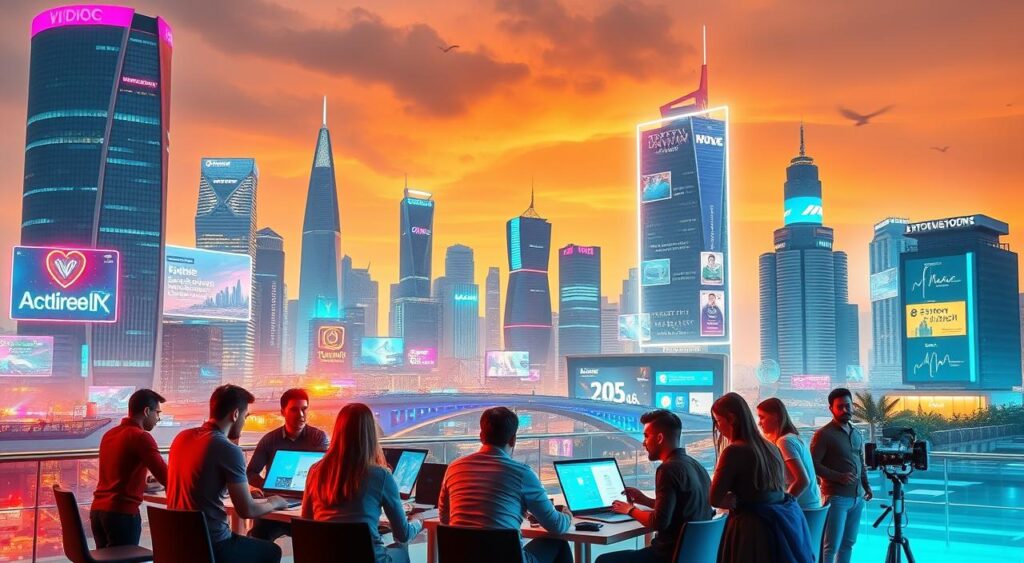 Tendências de startups em 2026: A vibrant futuristic cityscape, with sleek skyscrapers and floating holographic billboards displaying the latest tech trends. In the foreground, a diverse group of young entrepreneurs collaborate in a coworking space, surrounded by innovative gadgets and digital screens. The scene is bathed in a warm, neon-tinged glow, reflecting the dynamic and fast-paced nature of the startup ecosystem. The composition blends modern architecture, cutting-edge technology, and a sense of collaborative energy, capturing the essence of the emerging startup landscape in the year 2026.