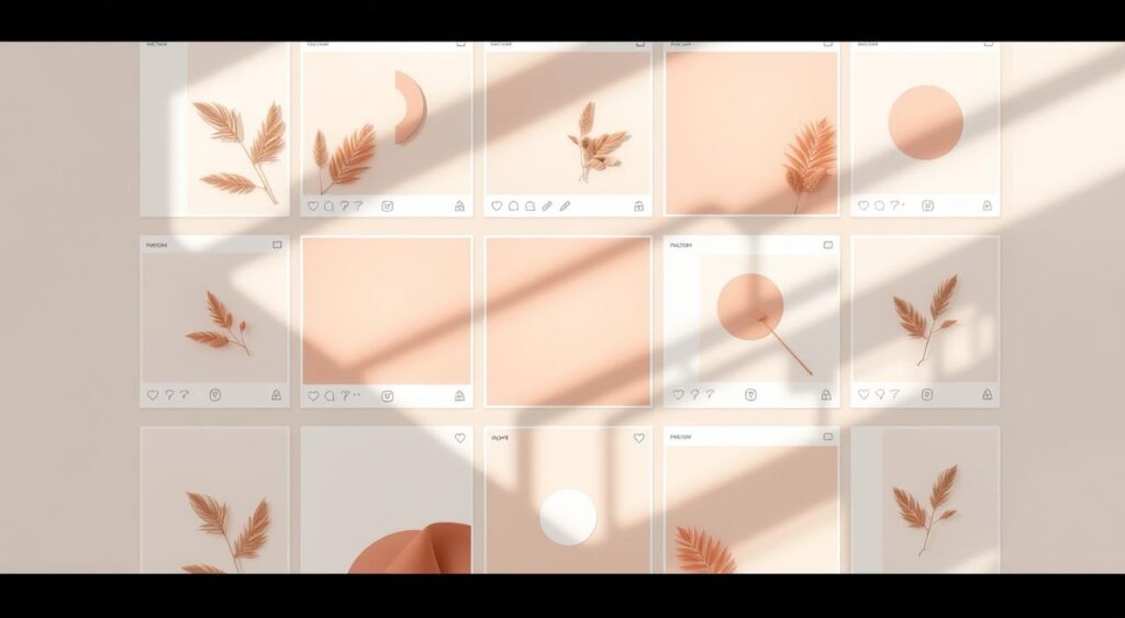 Visually organized Instagram feed, soft natural lighting, warm tones, clean minimal layout, flat design elements, pastel color palette, geometric patterns, overlapping shapes, subtle textures, high-resolution, sharp focus, professional quality, aesthetically pleasing, visually appealing, balanced composition, eye-catching visual interest.