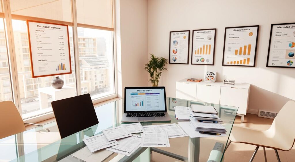 A bright, modern office interior with a sleek glass desk and minimalist furniture. On the desk, various financial documents, receipts, and a laptop display a breakdown of Mercado Libre's commission structure. The walls are adorned with framed infographics and charts explaining the different fees associated with selling on the platform. Warm, natural lighting streams in through large windows, creating a professional yet approachable atmosphere. A sense of order and organization pervades the space, guiding the viewer's focus to the key financial details relevant to the "Entendendo os Custos e Comissões do Mercado Livre" section. A bright, modern office interior with a sleek glass desk and minimalist furniture. On the desk, various financial documents, receipts, and a laptop display a breakdown of Mercado Libre's commission structure. The walls are adorned with framed infographics and charts explaining the different fees associated with selling on the platform. Warm, natural lighting streams in through large windows, creating a professional yet approachable atmosphere. A sense of order and organization pervades the space, guiding the viewer's focus to the key financial details relevant to the "Entendendo os Custos e Comissões do Mercado Livre" section.