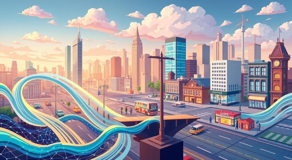 A complex illustration depicting the advantages and disadvantages of digital traffic, showcasing a balanced composition. In the foreground, a flowing stream of digital data represents the advantages - increased reach, targeted advertising, real-time analytics. In the middle ground, obstacles such as ad fatigue, privacy concerns, and algorithm changes symbolize the disadvantages. The background features a cityscape with both thriving and declining businesses, hinting at the broader implications of digital traffic strategies. The scene is rendered in a vibrant, semi-realistic style, with warm lighting and a sense of depth, inviting the viewer to ponder the nuances of this important marketing topic.