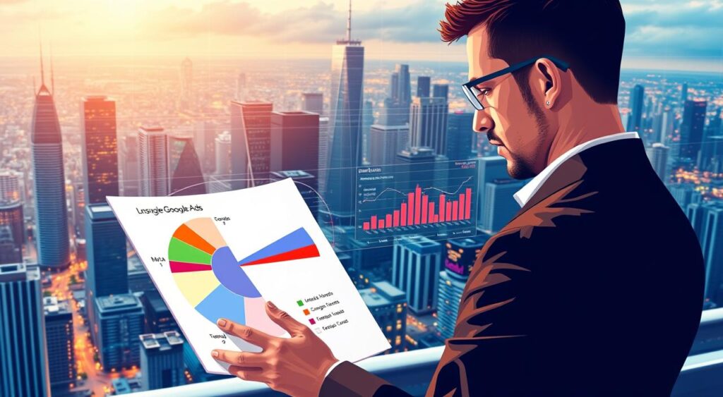 A detailed illustration showcasing the distribution of advertising budgets across various digital platforms. In the foreground, a financial analyst examines a pie chart, meticulously analyzing the allocation of funds between Google Ads, Meta Ads, and other prominent advertising channels. The middle ground features a vibrant, data-rich dashboard, displaying real-time performance metrics and optimization strategies. In the background, a cityscape of skyscrapers and digital infrastructure symbolizes the interconnected nature of the modern advertising ecosystem. The lighting is warm and inviting, creating a sense of professionalism and expertise. The lens captures a wide, panoramic view, emphasizing the holistic nature of the budgeting process.