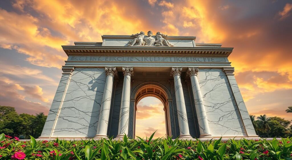 A majestic marble monument stands tall, its intricate carvings capturing the essence of authority and brand presence. Towering pillars support a grand archway, casting dramatic shadows that convey a sense of strength and solidity. In the foreground, a vibrant garden bursts with lush greenery, symbolic of the brand's growth and vitality. The sky above is awash with warm, golden hues, infusing the scene with a sense of prestige and sophistication. The entire composition radiates an aura of timeless grandeur, commanding the viewer's attention and evoking a profound sense of brand authority and recognition.