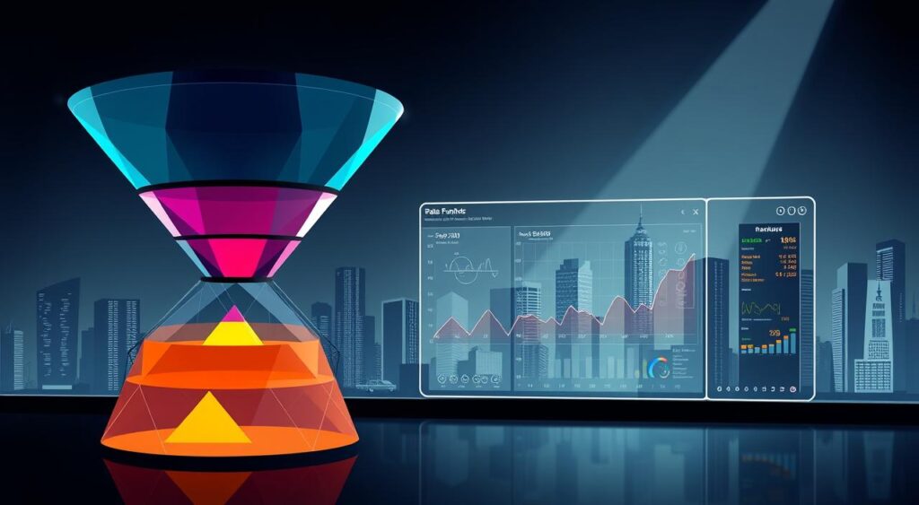 A meticulously detailed and visually striking illustration of a sales funnel in a paid traffic setting. The foreground depicts the intricate stages of the funnel, each represented by distinct geometric shapes and vibrant colors, guiding the viewer through the conversion process. The middle ground showcases a sophisticated data visualization dashboard, providing real-time insights and analytics to optimize the funnel's performance. In the background, a sleek, minimalist cityscape sets the scene, conveying a sense of urban sophistication and technological innovation. The lighting is dramatic, with high-contrast shadows and highlights, creating a sense of depth and dimension. The overall composition is balanced and harmonious, reflecting the strategic and data-driven nature of the subject matter.