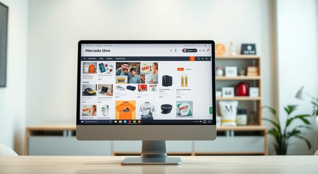 A professional, well-organized e-commerce storefront with a clean, modern design showcases various products against a softly lit, minimalist backdrop. In the foreground, a desktop computer display presents the Mercado Libre platform, with product images, descriptions, and pricing details neatly arranged. The middle ground features various packaged goods, such as electronics, apparel, and home goods, arranged in a visually appealing manner. The background subtly suggests a serene, organized office space, with neutral-toned walls and subtle hints of greenery providing a calming atmosphere. The overall scene conveys a sense of professionalism, efficiency, and a focus on presenting products in an engaging, customer-friendly way. A professional, well-organized e-commerce storefront with a clean, modern design showcases various products against a softly lit, minimalist backdrop. In the foreground, a desktop computer display presents the Mercado Libre platform, with product images, descriptions, and pricing details neatly arranged. The middle ground features various packaged goods, such as electronics, apparel, and home goods, arranged in a visually appealing manner. The background subtly suggests a serene, organized office space, with neutral-toned walls and subtle hints of greenery providing a calming atmosphere. The overall scene conveys a sense of professionalism, efficiency, and a focus on presenting products in an engaging, customer-friendly way.