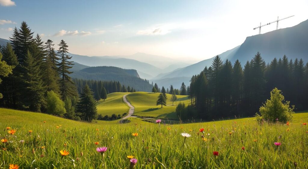 A serene landscape with a lush, verdant meadow in the foreground, dotted with vibrant wildflowers. In the middle ground, a winding path leads towards a tranquil forest, its canopy of towering trees casting soft, dappled light. In the background, rolling hills and mountains rise up, their peaks touched by wispy, ethereal clouds. The overall atmosphere is one of harmony and balance, reflecting the integration of paid and organic traffic strategies. The lighting is natural and warm, creating a sense of peacefulness and contemplation. The scene is captured with a wide-angle lens, allowing the viewer to take in the full breadth of the landscape.