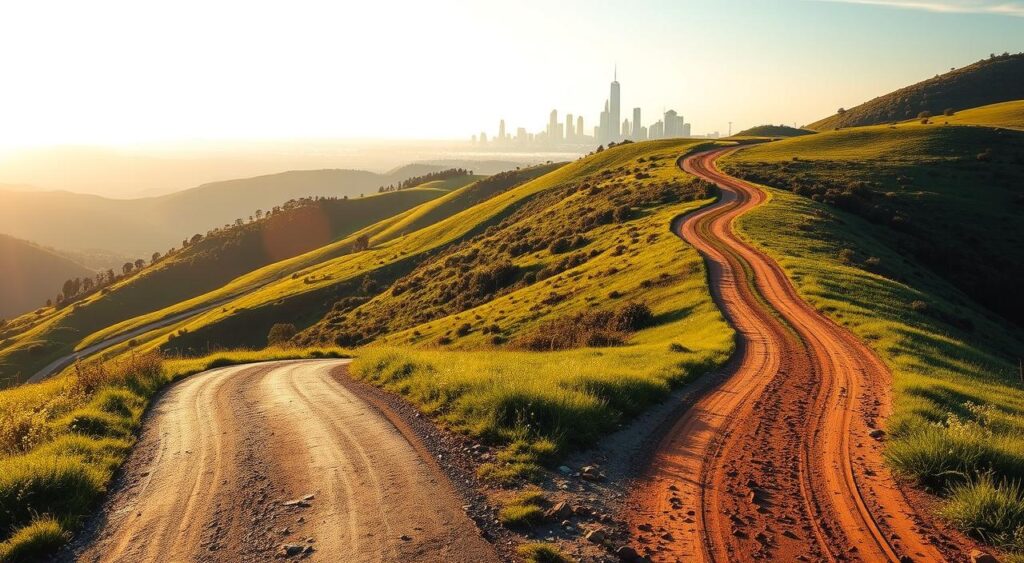 A serene landscape with a winding road cutting through lush, verdant hills. In the foreground, two distinct paths diverge - one paved with a bold, vibrant pattern representing paid traffic, the other a natural dirt trail for organic traffic. The sky is a soft, diffused blue, bathed in warm, golden sunlight that casts subtle shadows. In the distance, a modern city skyline emerges, symbolizing the digital landscape. The overall composition conveys the balance and interplay between the two fundamental types of web traffic, inviting the viewer to explore their distinct yet interconnected nature.