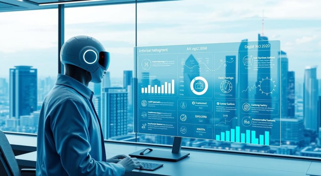 A sleek, futuristic office setting with a prominent AI-powered digital sales dashboard. In the foreground, a virtual sales agent using natural language processing to engage with a customer. The middle ground showcases a suite of automated sales tools, including lead generation, customer segmentation, and personalized recommendation systems. In the background, a city skyline with gleaming high-rises, conveying a sense of urban sophistication and technological advancement. The scene is bathed in a cool, blue-tinted lighting, creating a calm and efficient atmosphere. The overall composition suggests the seamless integration of artificial intelligence and digital sales, empowering businesses to streamline their customer journey. A sleek, futuristic office setting with a prominent AI-powered digital sales dashboard. In the foreground, a virtual sales agent using natural language processing to engage with a customer. The middle ground showcases a suite of automated sales tools, including lead generation, customer segmentation, and personalized recommendation systems. In the background, a city skyline with gleaming high-rises, conveying a sense of urban sophistication and technological advancement. The scene is bathed in a cool, blue-tinted lighting, creating a calm and efficient atmosphere. The overall composition suggests the seamless integration of artificial intelligence and digital sales, empowering businesses to streamline their customer journey.