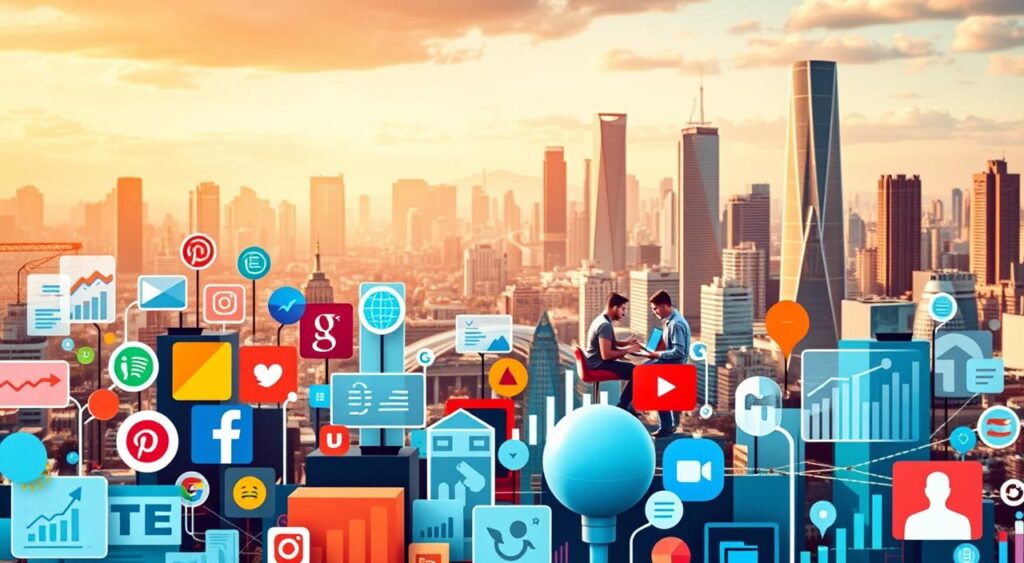 A vibrant digital marketing landscape with a dynamic cityscape in the background. In the foreground, various digital marketing icons such as social media platforms, search engines, and digital advertising channels are prominently displayed, each represented by their distinct visual identities. The middle ground features a team of digital marketers collaborating, strategizing, and analyzing data on their laptops and devices. Warm, natural lighting illuminates the scene, creating a sense of productivity and innovation. The overall composition conveys the interconnected, tech-driven nature of modern digital marketing, reflecting the "Introdução" section of the article on the balance between paid and organic traffic.