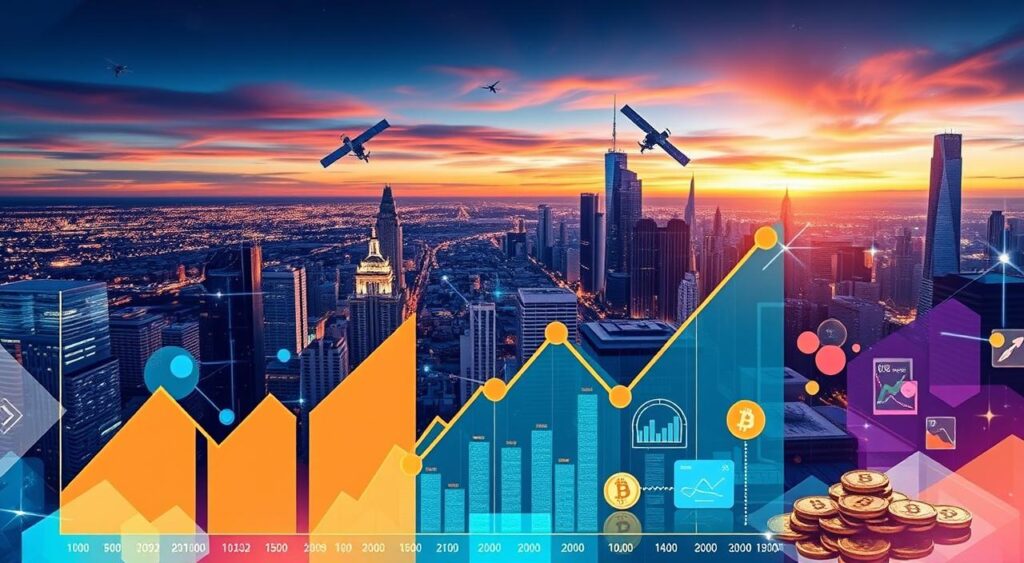 A vibrant, dynamic digital collage depicting the concept of "Investimento em Campanhas Pagas". In the foreground, a stylized graph or chart showcases the interplay of variables like budget, cost-per-click, and return on investment. The middle ground features geometric shapes, data visualizations, and digital currencies to convey the technical and financial aspects of online advertising. In the background, a bustling cityscape or technology-inspired landscape sets the scene, with skyscrapers, satellites, and digital interfaces hinting at the broader digital marketing ecosystem. The overall composition is balanced, with a modern, polished aesthetic and a sense of dynamism and forward momentum, reflecting the strategic nature of optimizing paid campaigns for maximum ROI.