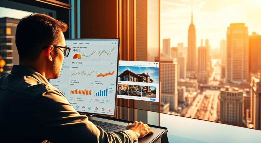 A vibrant, dynamic image showcasing the interconnectedness of Paid Traffic and Organic Traffic optimization. In the foreground, a digital marketing expert navigates a sleek dashboard, skillfully managing campaign metrics and SEO data. The middle ground depicts a web browser window, displaying a visually striking website, optimized for both search engines and user engagement. In the background, a cityscape of towering skyscrapers and bustling streets, representing the broader digital landscape. Warm, directional lighting casts a golden glow, conveying a sense of purpose and professionalism. The composition is balanced, with clean lines and a harmonious color palette, reflecting the synergy between paid and organic strategies for sustainable growth.
