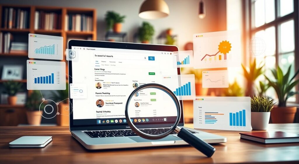 A vibrant e-commerce search engine optimization scene, showcasing a laptop display with a search engine results page, surrounded by an array of keyword research tools and analytics dashboards. The foreground features a magnifying glass icon, symbolizing the importance of keyword discovery, while the background depicts a serene office setting with bookshelves, potted plants, and a warm, natural lighting scheme. The overall atmosphere conveys a sense of focus, productivity, and the essential role of keyword research in driving successful e-commerce SEO strategies.