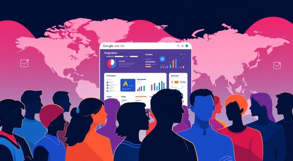 A vibrant, high-contrast digital illustration showcasing the concept of market segmentation in Google Ads. In the foreground, a diverse group of well-defined customer profiles, each with unique characteristics and needs, represented by distinctive icons and silhouettes. In the middle ground, a detailed visualization of the Google Ads platform interface, featuring targeted ad campaigns and performance metrics. In the background, a stylized world map, hinting at the global reach and customization capabilities of the advertising platform. The overall scene conveys the strategic importance of audience segmentation for effective digital marketing, with a sleek, modern aesthetic and a sense of depth and dynamism.
