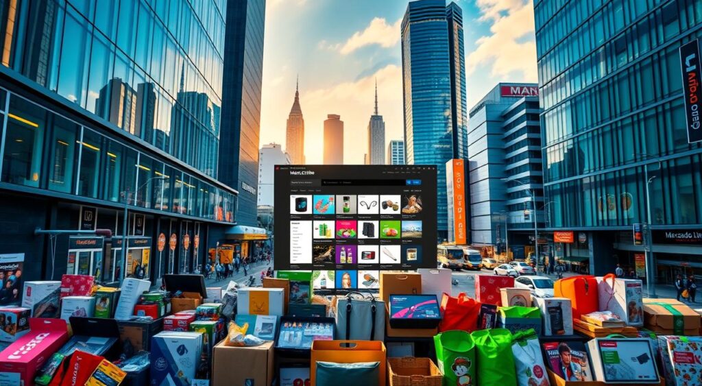 A vibrant online marketplace, Mercado Livre, showcases a diverse array of products against a backdrop of sleek, modern architecture. In the foreground, a well-curated selection of goods from various categories is displayed, enticing potential customers. The middle ground features an intuitive user interface, highlighting the platform's user-friendly navigation. In the background, a cityscape with towering skyscrapers and bustling streets sets the scene, conveying the platform's global reach and dynamic nature. The image is bathed in warm, natural lighting, creating an inviting and approachable atmosphere that reflects the accessibility of the Mercado Livre platform for both buyers and sellers. A vibrant online marketplace, Mercado Livre, showcases a diverse array of products against a backdrop of sleek, modern architecture. In the foreground, a well-curated selection of goods from various categories is displayed, enticing potential customers. The middle ground features an intuitive user interface, highlighting the platform's user-friendly navigation. In the background, a cityscape with towering skyscrapers and bustling streets sets the scene, conveying the platform's global reach and dynamic nature. The image is bathed in warm, natural lighting, creating an inviting and approachable atmosphere that reflects the accessibility of the Mercado Livre platform for both buyers and sellers.