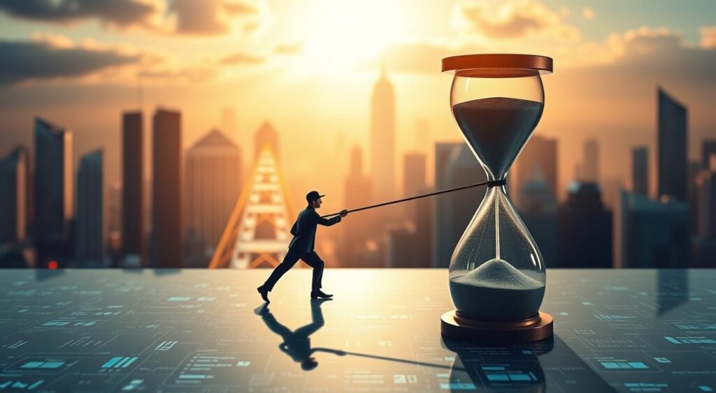 A visually striking digital landscape that symbolizes the impact of time, cost, and effort on digital marketing. In the foreground, a towering hourglass casts a long shadow, representing the fleeting nature of time. In the middle ground, a tug-of-war between two figures, one representing cost and the other effort, illustrates the constant balancing act. In the background, a cityscape of skyscrapers and digital interfaces, bathed in a warm, golden light, suggests the powerful yet fragile nature of the digital landscape. The scene conveys a sense of both urgency and contemplation, inviting the viewer to consider the delicate equilibrium required for successful digital marketing.