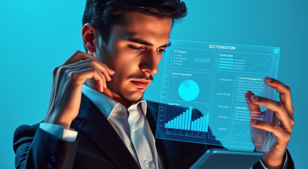 A well-dressed professional persona, thoughtfully analyzing customer segmentation data on a futuristic, holographic interface. The scene is bathed in cool, azure lighting, creating an atmosphere of analytical focus. The model's expression is one of deep contemplation, as they navigate intricate customer insights with precision and care. The background is a minimal, high-tech setting, emphasizing the persona's expertise in data-driven marketing strategies. The overall composition conveys a sense of strategic decision-making, highlighting the importance of understanding your target audience before building an effective sales funnel. A well-dressed professional persona, thoughtfully analyzing customer segmentation data on a futuristic, holographic interface. The scene is bathed in cool, azure lighting, creating an atmosphere of analytical focus. The model's expression is one of deep contemplation, as they navigate intricate customer insights with precision and care. The background is a minimal, high-tech setting, emphasizing the persona's expertise in data-driven marketing strategies. The overall composition conveys a sense of strategic decision-making, highlighting the importance of understanding your target audience before building an effective sales funnel.