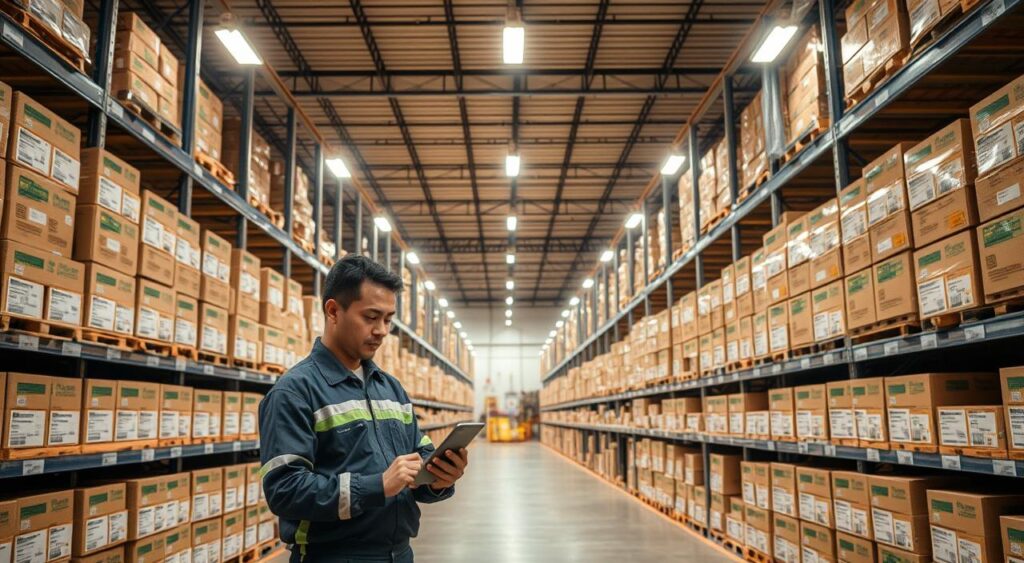 A well-organized stockroom in a Mercado Livre warehouse, bathed in warm, diffused lighting from overhead fluorescent fixtures. Rows of neatly stacked product boxes line the shelves, each labeled and categorized for efficient inventory management. In the foreground, a worker in a Mercado Livre uniform carefully checks inventory levels on a tablet, ensuring stock is maintained to meet customer demand. The middle ground features a wide central aisle, allowing easy navigation and access to the stored goods. The background showcases the warehouse's high ceilings and clean, industrial aesthetic, conveying a sense of order and professionalism essential for successful Mercado Livre selling. A well-organized stockroom in a Mercado Livre warehouse, bathed in warm, diffused lighting from overhead fluorescent fixtures. Rows of neatly stacked product boxes line the shelves, each labeled and categorized for efficient inventory management. In the foreground, a worker in a Mercado Livre uniform carefully checks inventory levels on a tablet, ensuring stock is maintained to meet customer demand. The middle ground features a wide central aisle, allowing easy navigation and access to the stored goods. The background showcases the warehouse's high ceilings and clean, industrial aesthetic, conveying a sense of order and professionalism essential for successful Mercado Livre selling.