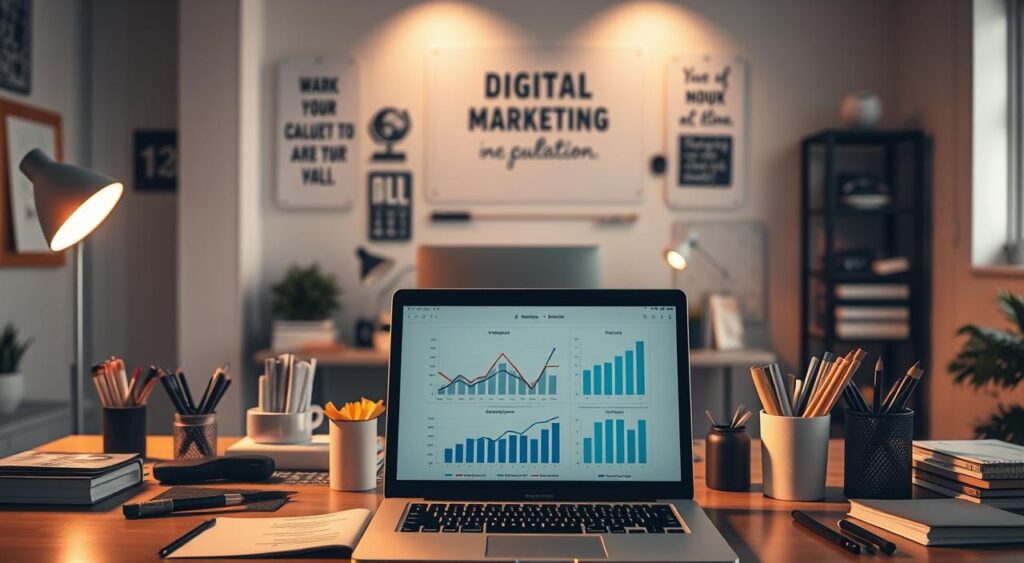 A well-organized workspace filled with digital marketing analytics and calculations, depicting the step-by-step process of calculating an initial online advertising budget. In the foreground, a laptop displays charts and graphs, surrounded by a tidy assortment of office supplies. Warm, directional lighting casts a professional, analytical atmosphere. The middle ground features a desktop computer and desk accessories, while the background showcases a minimalist, monochromatic wall adorned with inspirational visuals related to digital marketing strategy. The overall scene conveys a sense of intentional, data-driven decision-making for an effective online advertising campaign.