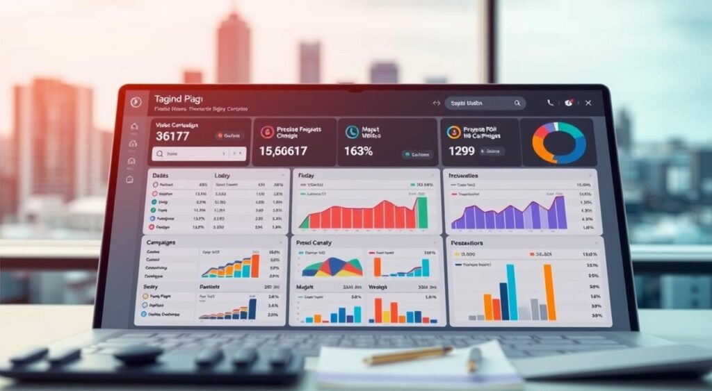 Planejamento Financeiro para Mídia Paga: A meticulously crafted financial blueprint for a digital marketing campaign, featuring a sleek dashboard with precise budget allocations, performance metrics, and strategic insights. The foreground showcases a minimalist interface with intuitive controls, while the middle ground displays colorful charts and graphs illustrating campaign ROI and optimization opportunities. In the background, a subtle cityscape backdrop conveys a sense of urban dynamism, complementing the forward-thinking nature of the financial planning process. The overall scene radiates a professional, data-driven atmosphere, emphasizing the importance of strategic budgeting for successful paid media endeavors.