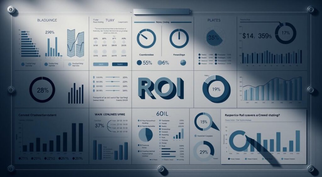 Sophisticated financial strategy board with intricate ROI calculations, data visualizations, and analytical tools. Muted color palette of blues, grays, and soft metallics convey an air of professionalism and thoughtfulness. Geometric patterns, clean lines, and minimalist design create a sense of order and precision. Multiple focal points guide the viewer's eye through the complex decision-making process. Dramatic lighting casts strategic shadows, heightening the sense of importance. The overall impression is one of carefully considered, data-driven financial planning for maximum return on investment.