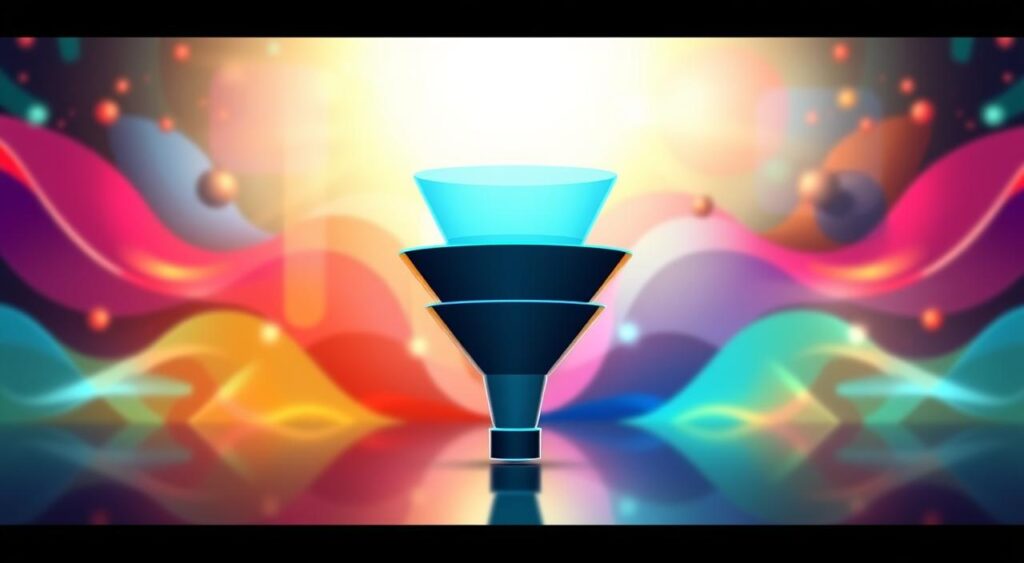 A sophisticated, automated sales funnel for digital products. In the foreground, a sleek, modern funnel shape with clean lines and a metallic finish, conveying a sense of technological efficiency. The middle ground features various digital icons and symbols, suggesting the different stages of the sales process - from lead capture to conversion. In the background, a complex network of interconnected gears and cogs, hinting at the automated nature of the system. The overall scene is bathed in a warm, amber lighting, creating an atmosphere of productivity and professionalism. The image should evoke a sense of order, control, and the seamless integration of technology into the sales process. Vender Produtos Digitais