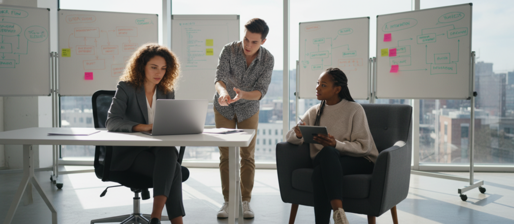 A bright and modern office workspace featuring a diverse group of three professionals collaborating on a micro SaaS project. In the foreground, one person is seated at a sleek desk, focusing intently on a laptop, while another stands beside them, pointing at the screen, engaged in discussion. The third person, seated on a cozy armchair, reviews a tablet, contributing ideas. In the background, large windows allow natural light to flood the room, casting soft shadows that enhance the atmosphere of innovation. The walls are adorned with whiteboards filled with colorful flowcharts and notes. The mood is energetic and inspiring, capturing a sense of creativity and teamwork in the tech industry. The image is bright and well-lit, emphasizing a professional atmosphere. A bright and modern office workspace featuring a diverse group of three professionals collaborating on a micro SaaS project. In the foreground, one person is seated at a sleek desk, focusing intently on a laptop, while another stands beside them, pointing at the screen, engaged in discussion. The third person, seated on a cozy armchair, reviews a tablet, contributing ideas. In the background, large windows allow natural light to flood the room, casting soft shadows that enhance the atmosphere of innovation. The walls are adorned with whiteboards filled with colorful flowcharts and notes. The mood is energetic and inspiring, capturing a sense of creativity and teamwork in the tech industry. The image is bright and well-lit, emphasizing a professional atmosphere.