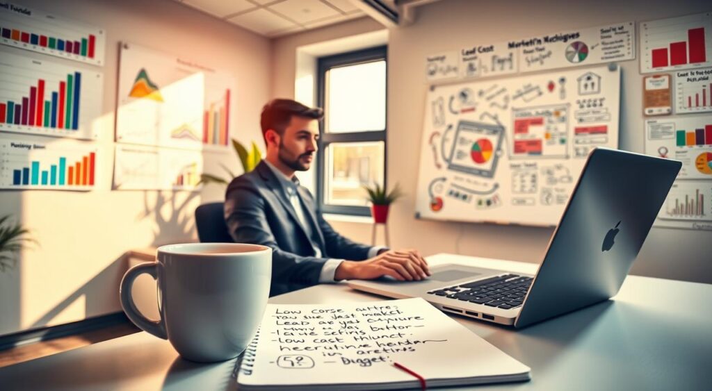 A bright, modern office environment with a professional individual in business attire working on a laptop at a stylish desk, surrounded by colorful charts and graphs on the walls illustrating lead generation strategies. In the foreground, a cup of coffee and a notepad with handwritten notes on low-cost marketing methods. The middle of the scene features a window with natural light streaming in, casting soft shadows that enhance the atmosphere of productivity. In the background, a whiteboard filled with brainstorming ideas, showcasing visual elements related to lead capture techniques. The overall mood is inspiring and focused, emphasizing innovative ways to attract leads on a budget. Use a wide-angle lens to capture the entire scene, with a warm color palette to create an inviting ambiance. A bright, modern office environment with a professional individual in business attire working on a laptop at a stylish desk, surrounded by colorful charts and graphs on the walls illustrating lead generation strategies. In the foreground, a cup of coffee and a notepad with handwritten notes on low-cost marketing methods. The middle of the scene features a window with natural light streaming in, casting soft shadows that enhance the atmosphere of productivity. In the background, a whiteboard filled with brainstorming ideas, showcasing visual elements related to lead capture techniques. The overall mood is inspiring and focused, emphasizing innovative ways to attract leads on a budget. Use a wide-angle lens to capture the entire scene, with a warm color palette to create an inviting ambiance.