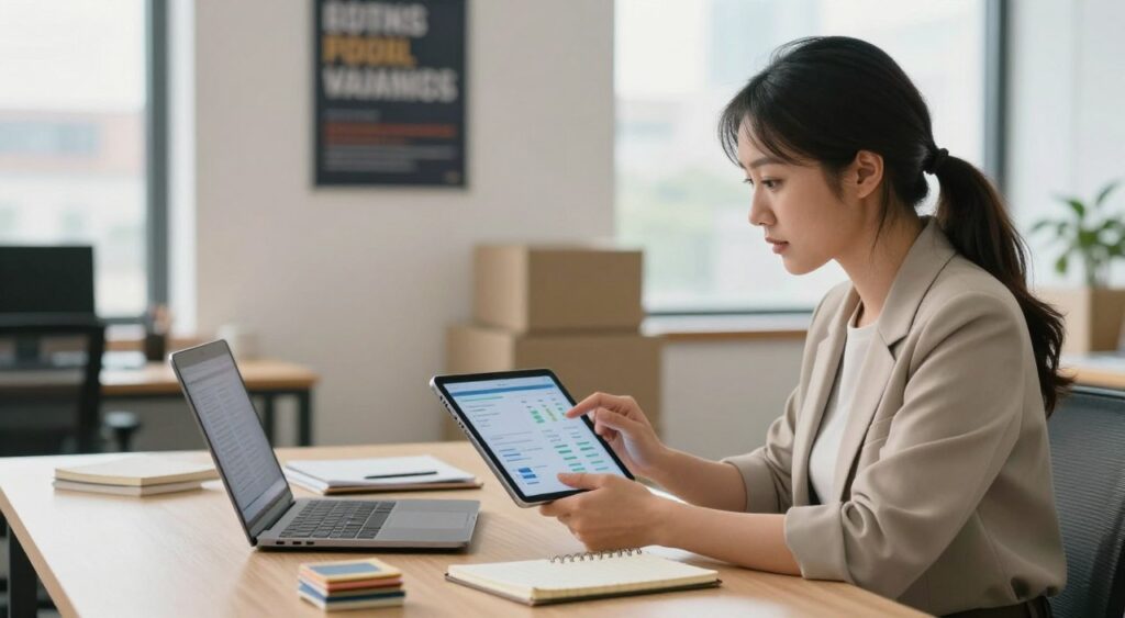 A busy online entrepreneur navigating challenges in a stockless operating environment. In the foreground, a focused professional woman dressed in smart casual attire, analyzing a digital tablet showcasing sales metrics. In the middle ground, a clean, well-organized workspace with a laptop, notepad, and a small stack of product samples. The background features a bright, modern office with motivational posters on the walls and a window overlooking a cityscape. Soft, natural lighting from the window filters through, creating a warm and inviting atmosphere. The image conveys determination and adaptability, highlighting the complexities of running an online business without inventory, emphasizing both the strategic thinking and the hustle involved.