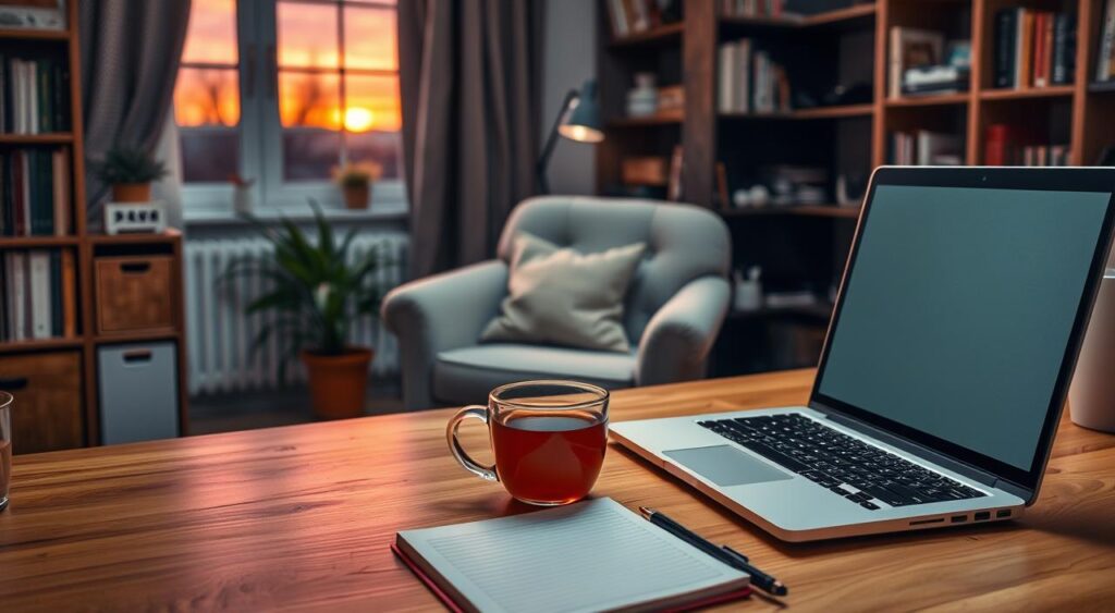 A cozy home office at dusk, with soft, warm lighting casting a gentle glow. In the foreground, a tidy wooden desk holds a laptop, a cup of herbal tea, and a notepad filled with notes for the next day. In the middle ground, a comfortable chair sits slightly turned toward the window, which reveals a sunset painted in shades of orange and pink. A potted plant beside the desk adds a touch of greenery. In the background, shelves filled with books and organizational tools create an inviting atmosphere. The mood is peaceful and reflective, perfect for winding down after a productive day. The scene is captured from a slight angle to emphasize the warm ambiance, encouraging a sense of preparation and closure.