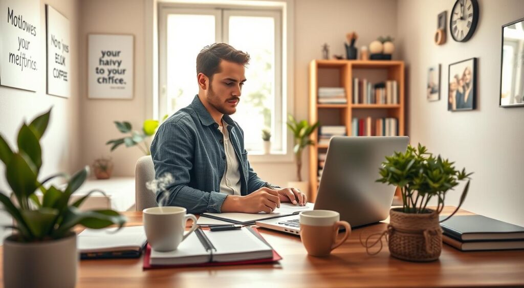 A cozy home office scene illustrating a productive daily routine, featuring a neatly organized desk with a laptop, a planner, and a steaming cup of coffee. In the foreground, a focused individual, dressed in smart casual attire, is engaged in work, surrounded by plants and motivational quotes on the wall. The middle area showcases a window letting in warm, natural light, enhancing the inviting atmosphere. In the background, shelves filled with books and neatly arranged supplies contribute to a sense of order and calm. The composition should evoke a mood of inspiration and productivity, captured from a slightly elevated angle to provide a clear view of the workspace while maintaining a personal touch.