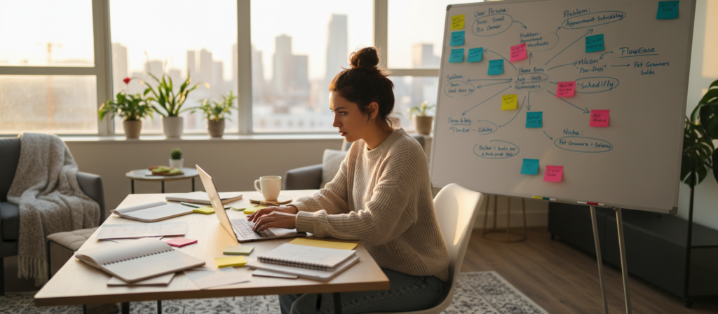 A cozy, modern workspace featuring a young entrepreneur sitting at a sleek desk, surrounded by task notes and brainstorming materials. In the foreground, the entrepreneur types on a laptop, deep in thought, with a look of determination. The middle ground showcases a whiteboard filled with colorful sticky notes and diagrams representing ideas for a micro SaaS product, capturing the essence of innovation and problem-solving. The background features large windows that allow warm, natural light to flood the room, creating an inviting and inspiring atmosphere. The overall mood is one of creativity and focus, emphasizing the importance of finding a viable niche in the tech landscape. The scene is shot from a slightly elevated angle, highlighting both the entrepreneur and the brainstorming process. A cozy, modern workspace featuring a young entrepreneur sitting at a sleek desk, surrounded by task notes and brainstorming materials. In the foreground, the entrepreneur types on a laptop, deep in thought, with a look of determination. The middle ground showcases a whiteboard filled with colorful sticky notes and diagrams representing ideas for a micro SaaS product, capturing the essence of innovation and problem-solving. The background features large windows that allow warm, natural light to flood the room, creating an inviting and inspiring atmosphere. The overall mood is one of creativity and focus, emphasizing the importance of finding a viable niche in the tech landscape. The scene is shot from a slightly elevated angle, highlighting both the entrepreneur and the brainstorming process.