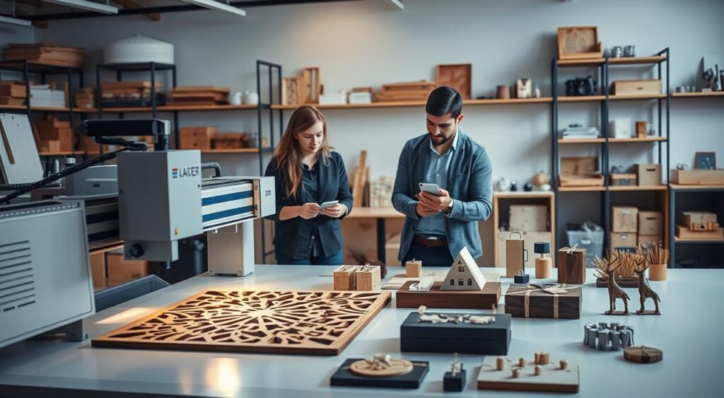 A creative workspace featuring laser cutting applications, with a diverse team of three professionals dressed in smart casual attire, collaborating over intricate designs of wood, acrylic, and metal materials. In the foreground, a high-precision laser cutting machine is in operation, emitting a focused beam of light onto a detailed wooden panel, showcasing intricate geometric patterns. The middle ground reveals various finished products, including personalized gifts and decorative items, elegantly arranged on a sleek work table. The background includes shelves filled with materials and tools, illuminated by soft, natural lighting that creates a warm and inviting atmosphere. The scene conveys innovation and craftsmanship, highlighting the potential of laser cutting in various market niches. A creative workspace featuring laser cutting applications, with a diverse team of three professionals dressed in smart casual attire, collaborating over intricate designs of wood, acrylic, and metal materials. In the foreground, a high-precision laser cutting machine is in operation, emitting a focused beam of light onto a detailed wooden panel, showcasing intricate geometric patterns. The middle ground reveals various finished products, including personalized gifts and decorative items, elegantly arranged on a sleek work table. The background includes shelves filled with materials and tools, illuminated by soft, natural lighting that creates a warm and inviting atmosphere. The scene conveys innovation and craftsmanship, highlighting the potential of laser cutting in various market niches.