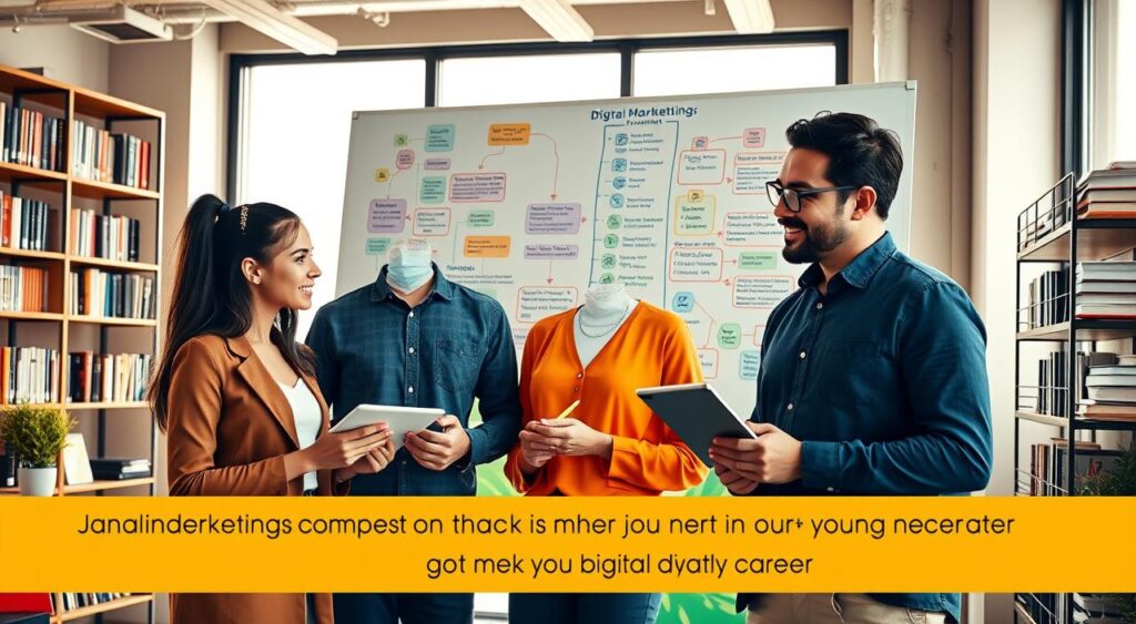 A dynamic and engaging digital marketing workspace, showcasing a diverse group of professionals in a modern office environment. In the foreground, a young woman in smart casual attire is intently discussing strategies with a colleague, while a man with glasses takes notes on a tablet. The middle layer features a large whiteboard filled with colorful mind maps and charts related to digital marketing fundamentals. In the background, bright sunlight streams through large windows, illuminating the space with a warm glow, and shelves filled with books on marketing and technology add depth. The overall atmosphere is collaborative and inspiring, reflecting a journey of learning and growth in digital marketing. The image captures a moment of brainstorming and excitement, symbolizing the beginnings of a digital marketing career.