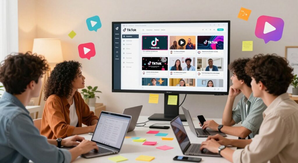 A dynamic and engaging digital workspace scene illustrating strategies for creating impactful video content for TikTok sales. In the foreground, a diverse group of professionals in smart casual attire is brainstorming ideas, surrounded by laptops, smartphones, and colorful sticky notes. The middle ground features a large digital screen displaying statistics and video thumbnails, representing various successful TikTok campaigns. Bright and inviting lighting bathes the room in a warm glow, fostering creativity and collaboration. In the background, abstract representations of video elements like play buttons, engaging visuals, and social media icons float subtly, emphasizing a digital focus. The atmosphere is lively and inspirational, highlighting innovation and teamwork in driving sales through video content.